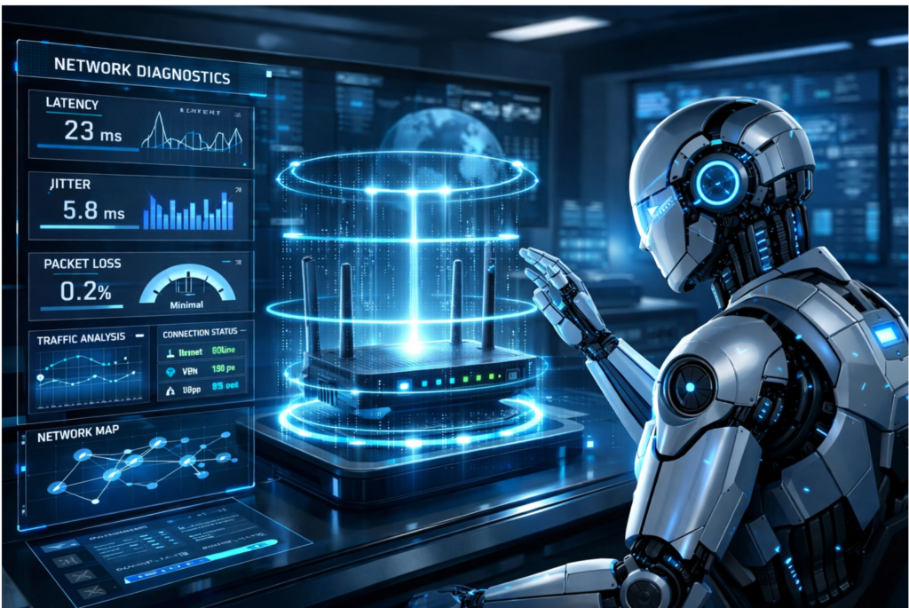 Como agentes de IA integrados à rede podem realizar testes de sinal e reset de portas via WhatsApp antes de abrir um chamado técnico cVortex