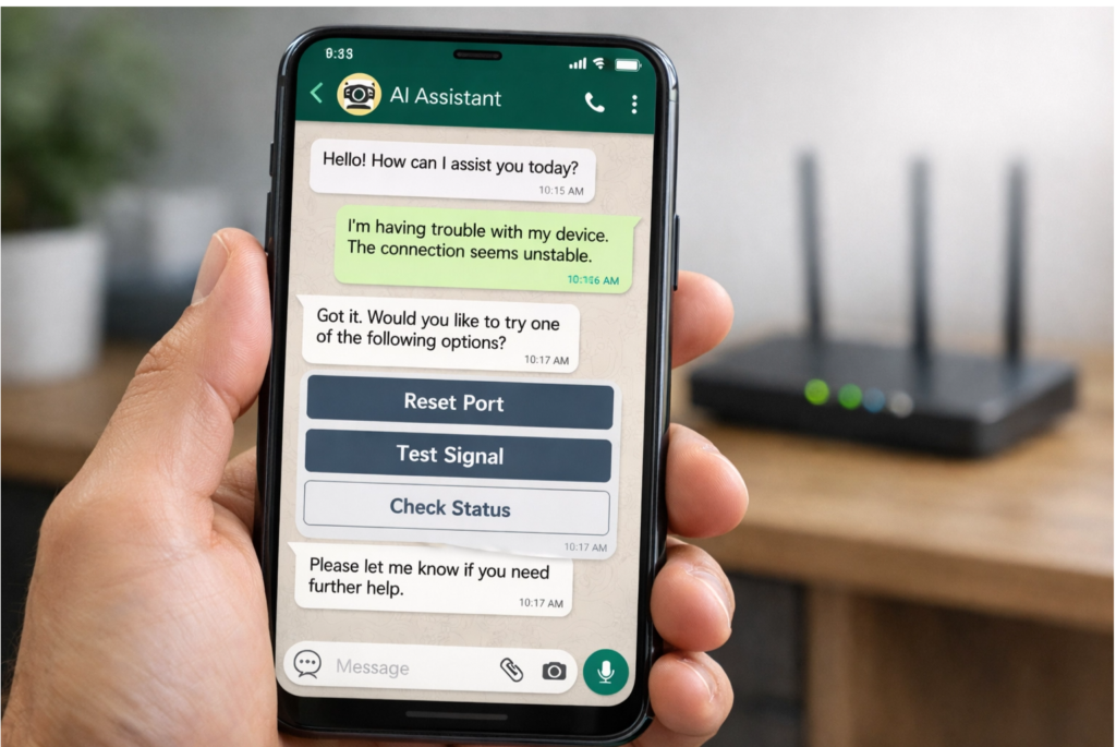 Como agentes de IA integrados à rede podem realizar testes de sinal e reset de portas via WhatsApp antes de abrir um chamado técnico cVortex