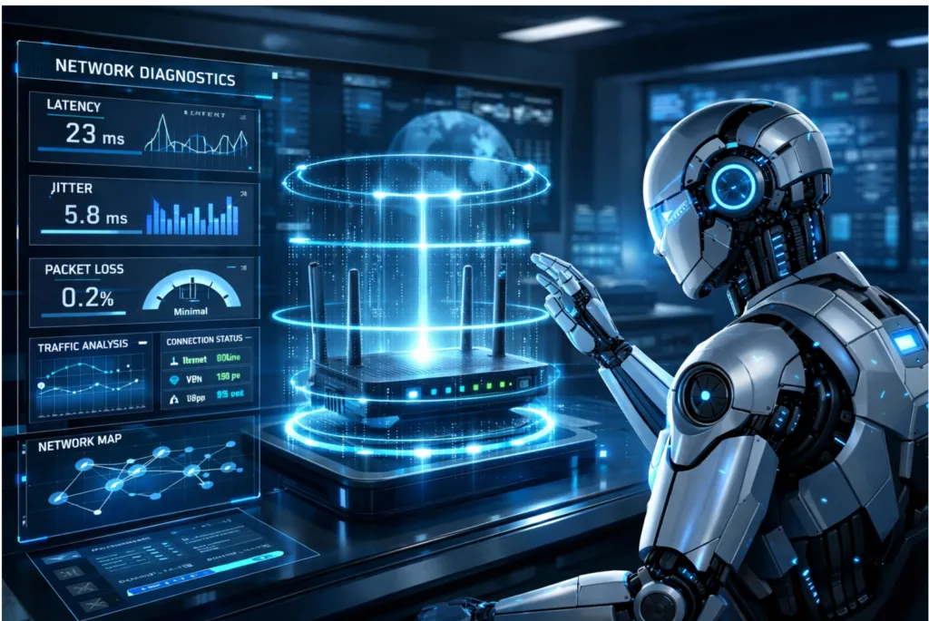 Como agentes de IA integrados à rede podem realizar testes de sinal e reset de portas via WhatsApp antes de abrir um chamado técnico 1 Robô de inteligência artificial analisando um painel de métricas de rede