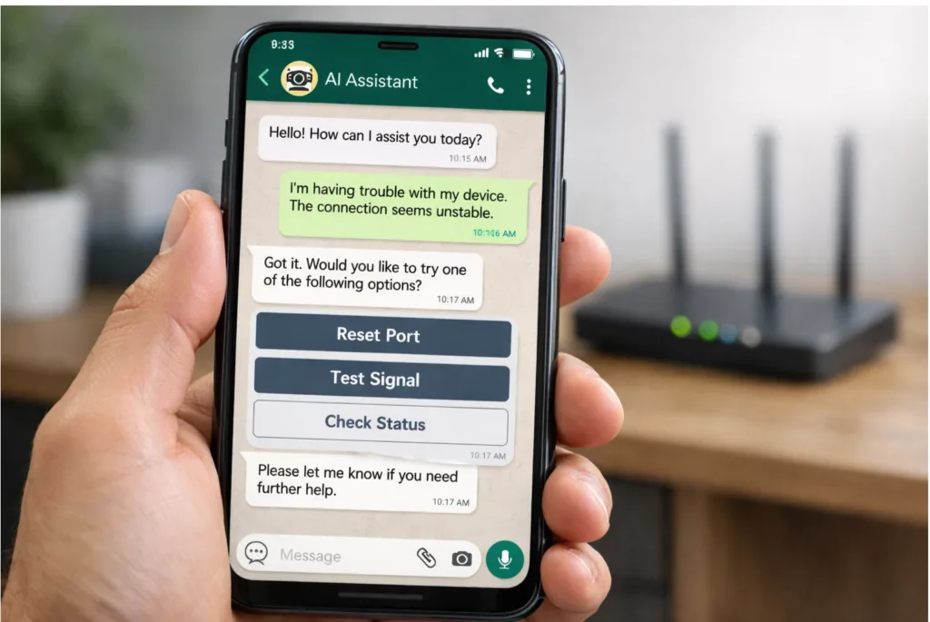Como agentes de IA integrados à rede podem realizar testes de sinal e reset de portas via WhatsApp antes de abrir um chamado técnico 2 Mão segurando smartphone com conversa de suporte técnico automatizado pelo WhatsApp, com roteador ao fundo